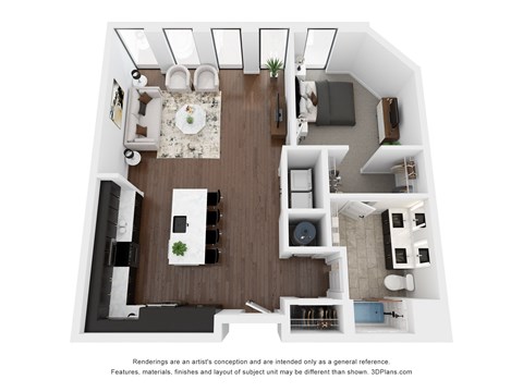 Floor plan for 1 bed, 1 bath, 966 sqft